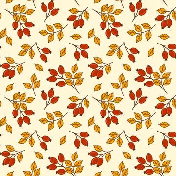 Seamless pattern of autumn berries and leaves rosehip flat vector illustratio Illustrazione stock