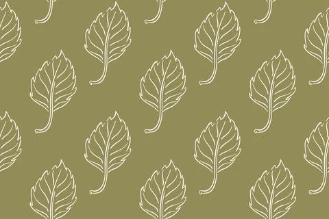 Seamless pattern with autumn birch leaf in line art style on green background Stock Illustration