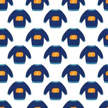 Seamless pattern. Autumn blue sweater with pumpkin design. Cozy fall background Stock Illustration