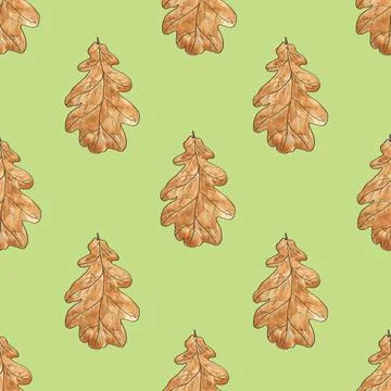 Seamless pattern with autumn brown oak leaves on a green background. Leaf fal Illustrazione stock