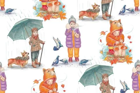 Seamless pattern. Autumn. Children in various poses. Stock Illustration