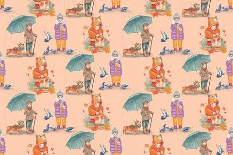 Seamless pattern. Autumn. Children in various poses. Illustrazione stock
