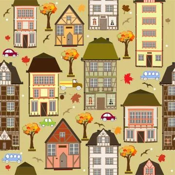 Seamless pattern with autumn city Stock Illustration