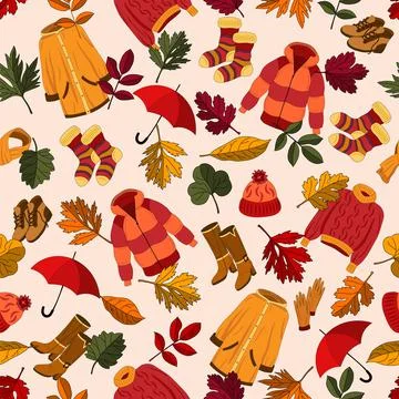 Seamless pattern with autumn clothes and leaves. Vector Illustrazione stock
