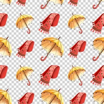 Seamless pattern of autumn clothes illustration. Watercolor sweater, sock, scarv Stock Illustration
