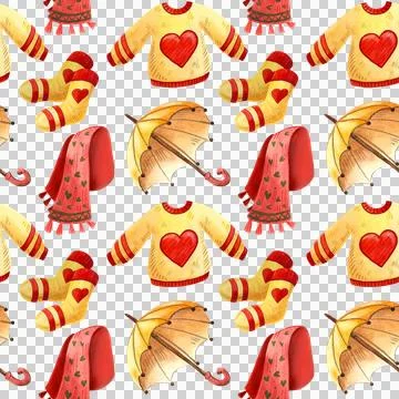 Seamless pattern of autumn clothes illustration. Watercolor sweater, sock, scarv Stock Illustration