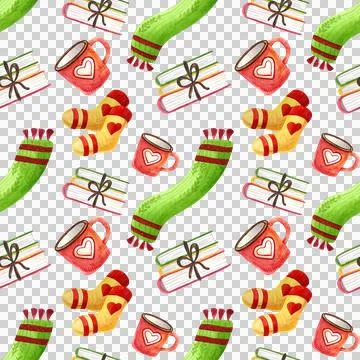 Seamless pattern of autumn clothes illustration. Watercolor sweater, sock, scarv Stock Illustration