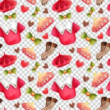 Seamless pattern of autumn clothes illustration. Watercolor sweater, sock, scarv Stock Illustration