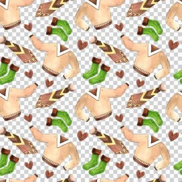 Seamless pattern of autumn clothes illustration. Watercolor sweater, sock, scarv Stock Illustration