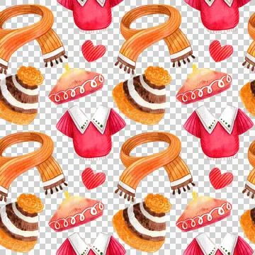 Seamless pattern of autumn clothes illustration. Watercolor sweater, sock, scarv Stock Illustration