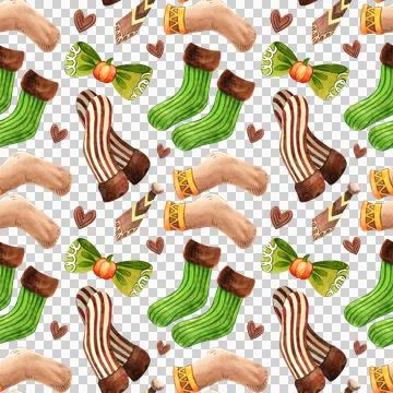 Seamless pattern of autumn clothes illustration. Watercolor sweater, sock, scarv Stock Illustration