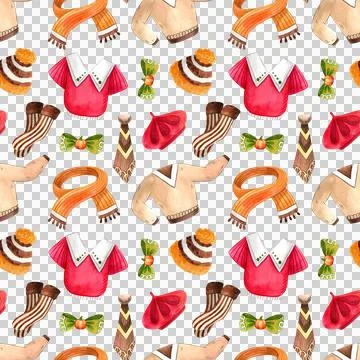 Seamless pattern of autumn clothes illustration. Watercolor sweater, sock, scarv Stock Illustration