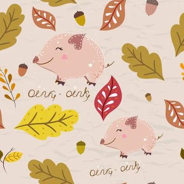 Seamless pattern in autumn colors from collection with piglet. Stock Illustration