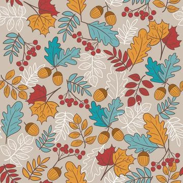 Seamless pattern autumn elements. Leaves, rowan, acorns. Modern endless pattern 스톡 일러스트