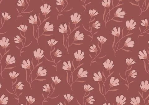 Seamless pattern autumn flowers colored in modern marsala color Stock Illustration