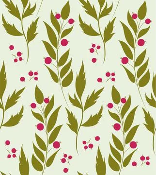 Seamless pattern with autumn forest red berries and green leaves. Fall colorful Stock Illustration