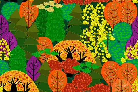 Seamless pattern with autumn forest. Stylized colorful trees. Stock Illustration