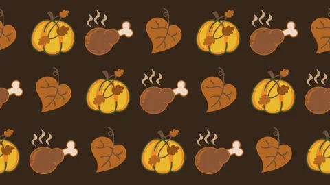 Seamless pattern of autumn harvest pumpkins, roasted turkey drumsticks, and fall Stock Footage 342146699