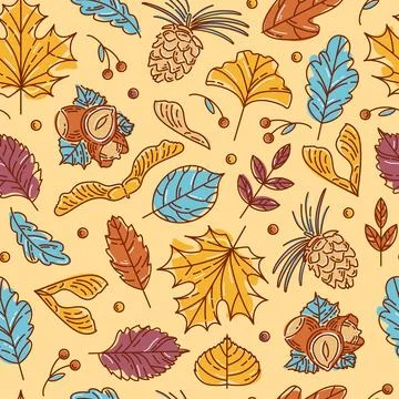 Seamless pattern of autumn leaf, nuts and seeds. Maple and rowan, ginkgo biloba Stock Illustration
