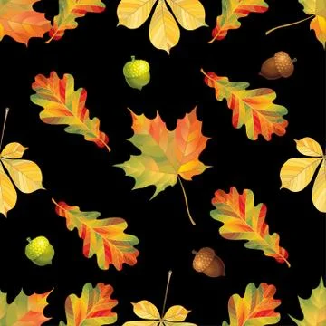 Seamless pattern with autumn leaves and ancorns on black background. Vector 스톡 일러스트