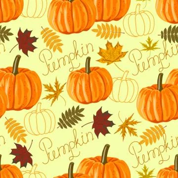 Seamless pattern with autumn leaves and pumpkins. Stock Illustration