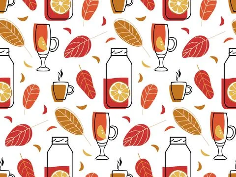 Seamless pattern with autumn leaves and Mulled wine bottle. Autumn leaf color Stock Illustration