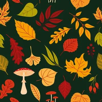 Seamless pattern with autumn leaves and mushrooms Stock Illustration
