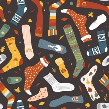 Seamless pattern with autumn leaves and different doodle hand drawn socks o.. Illustrazione stock