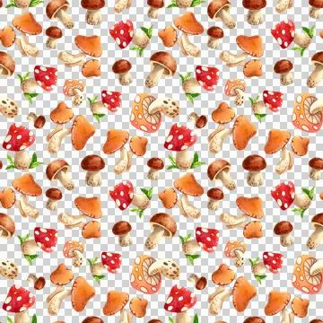 Seamless pattern with autumn leaves, berries and mushroom on a white background. Stock Illustration