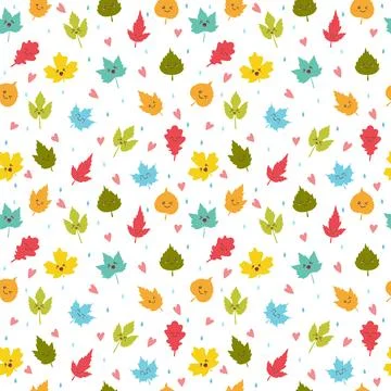 Seamless pattern with autumn leaves. Cute background with hearts Stock Illustration