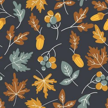 Seamless pattern of autumn leaves with maple branches, leaves, rowan berry Illustrazione stock