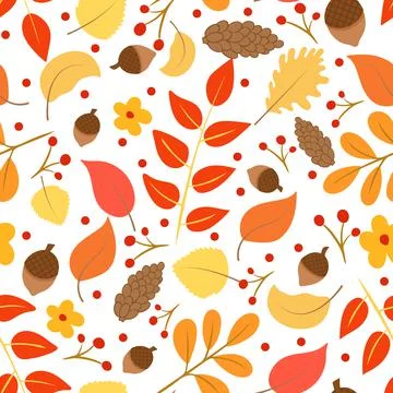 Seamless pattern with autumn leaves, pine cones and acorns vector illustratio Stock Illustration