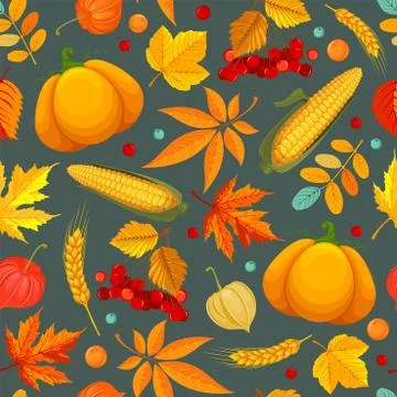 Seamless Pattern With Autumn Leaves, Pumpkin, Corn And Rowan Illustrazione stock