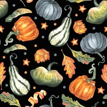 Seamless pattern with autumn leaves, pumpkin on an isolated white background Stock Illustration