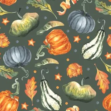 Seamless pattern with autumn leaves, pumpkin on an isolated white background Stock Illustration