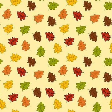 Seamless Pattern of Autumn Leaves in Vibrant Colors on Yellow background. Con Stock Illustration