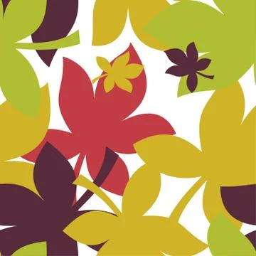 Seamless pattern with autumn maple leaves in Orange, Red, Green, Brown and Stock Illustration