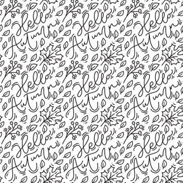 Seamless pattern with autumn oak leaves and calligraphy Hello Autumn in black 스톡 일러스트
