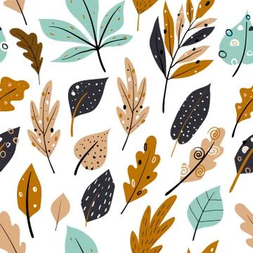 Seamless pattern with autumn oak leaves in Orange, Beige, Brown and Yellow. Stock Illustration