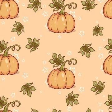Seamless pattern with autumn orange pumpkin with leaves light yellow backgr.. 스톡 일러스트