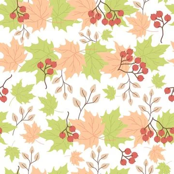 Seamless pattern. Autumn pattern of maple leaves, branches and red bunches of 스톡 일러스트