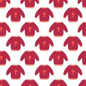Seamless pattern. Autumn pink sweater with mushroom design. Stock Illustration