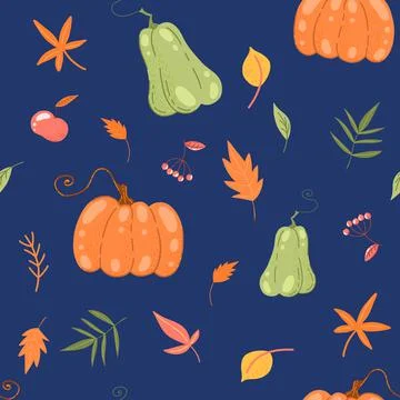 Seamless pattern of an autumn pumpkins, leaves and an apple on a dark blue ba Stock Illustration