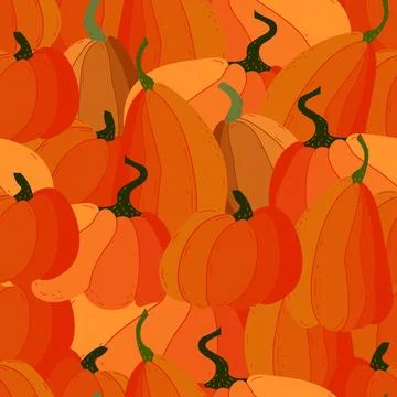 Seamless pattern of autumn pumpkins. Multicolored autumn harvest in yellow an Stock Illustration