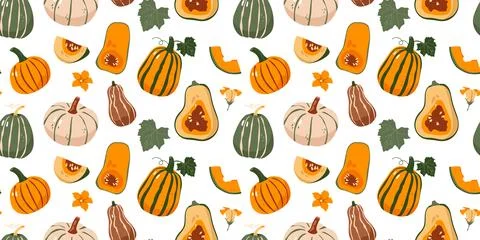 Seamless pattern with autumn pumpkins squashes and flowers on white backgroun 스톡 일러스트
