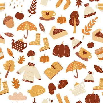 Seamless pattern of autumn set of items, vector wallpaper doodle style fall mood Stock Illustration