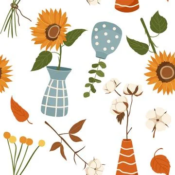 Seamless pattern with autumn sunflowers cotton boughs and vases on white back Stock-Illustration