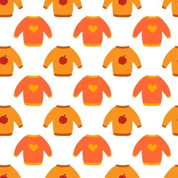 Seamless pattern. Autumn sweater with apple and heart design. Cozy fall Illustrazione stock