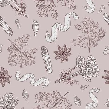 Seamless pattern autumn tea on beige background. Beautiful texture herbal for Stock Illustration