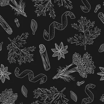 Seamless pattern autumn tea on black background. Beautiful texture herbal for Stock Illustration
